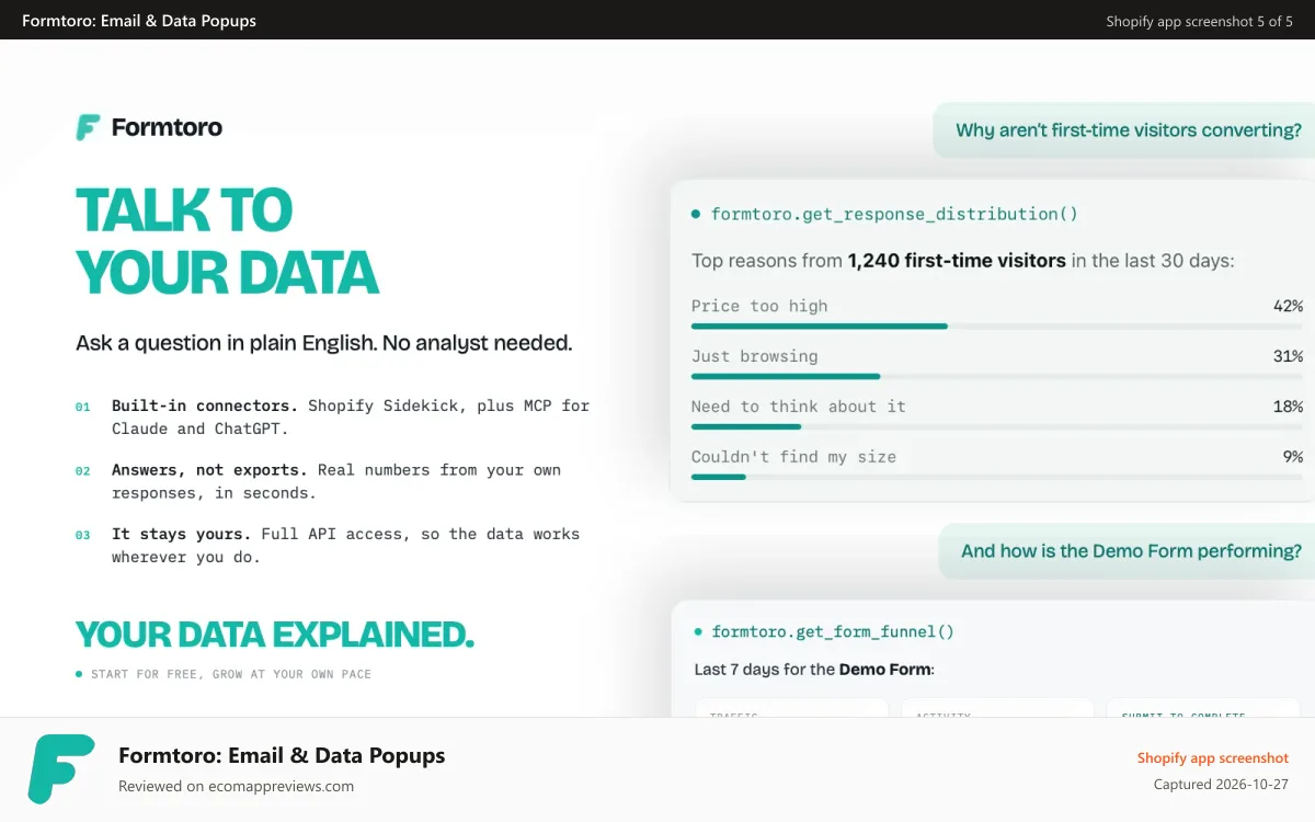 Formtoro: Email & Data Popups Shopify app screenshot: Talk to your data via Claude, ChatGPT, or Sidekick