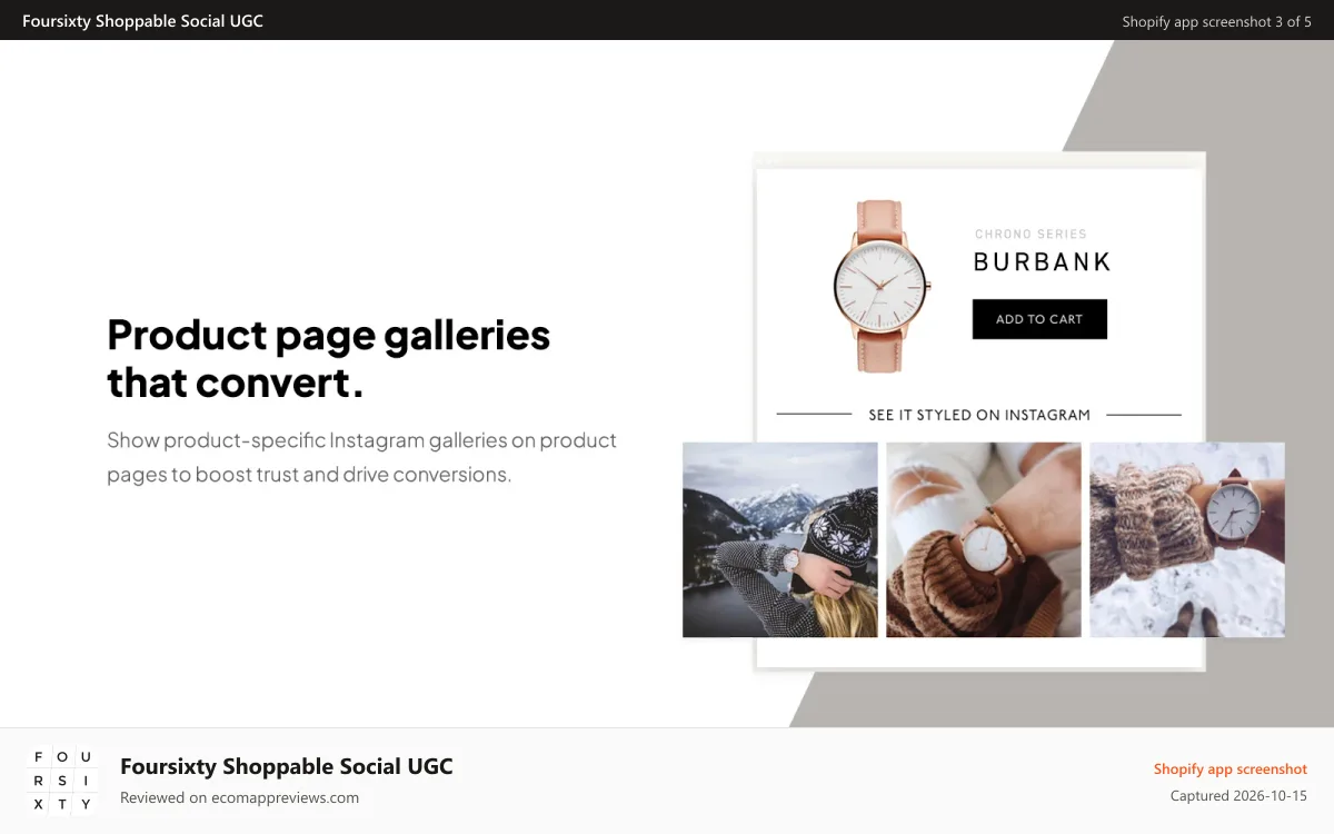 Foursixty Shoppable Social UGC Shopify app screenshot: Product Page Shoppable Instagram Galleries
