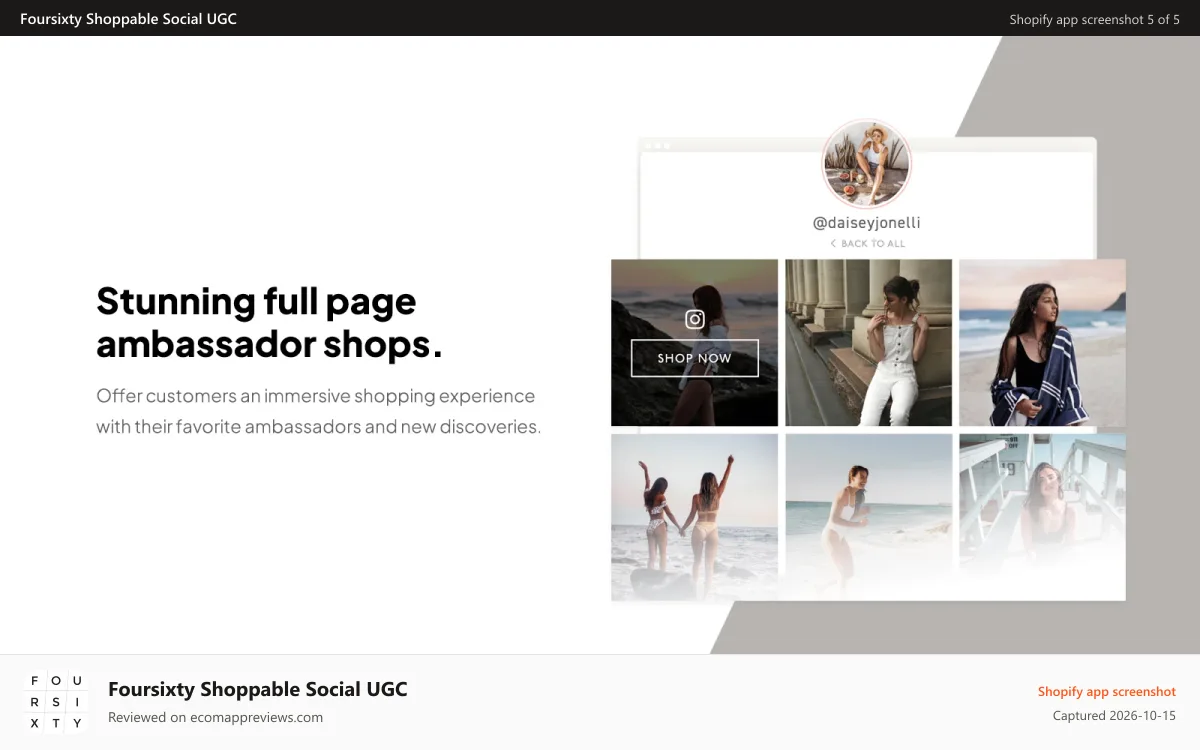 Foursixty Shoppable Social UGC Shopify app screenshot: Shoppable full page Instagram ambassador galleries