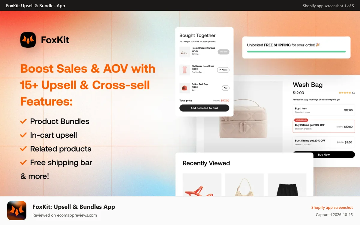 FoxKit: Upsell & Bundles App Shopify app screenshot: upsell cross-sell product bundles discount foxkit