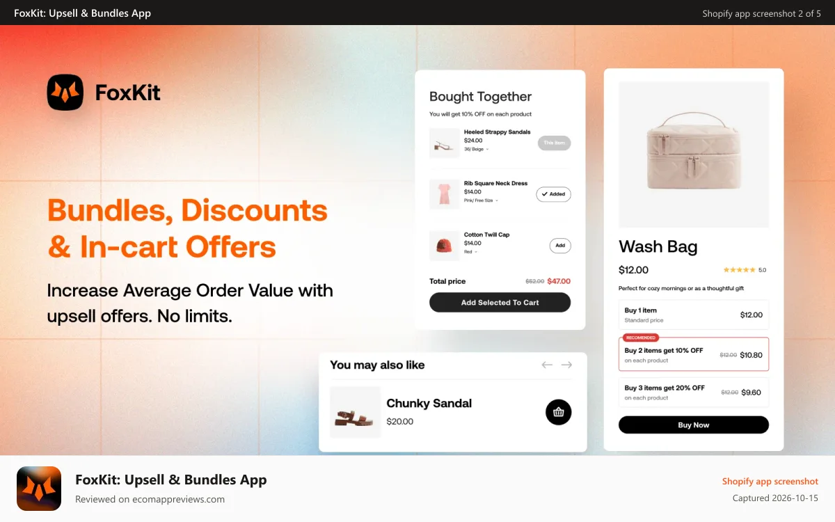 FoxKit: Upsell & Bundles App Shopify app screenshot: upsell bundles, volume discount foxkit, in-cart offers
