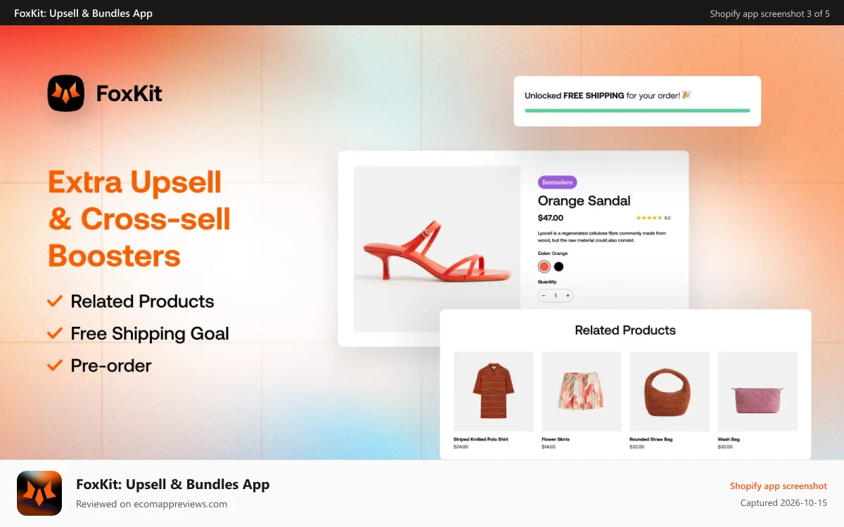 FoxKit: Upsell & Bundles App Shopify app screenshot: Upsell cross sell - related products, free shipping, preorder