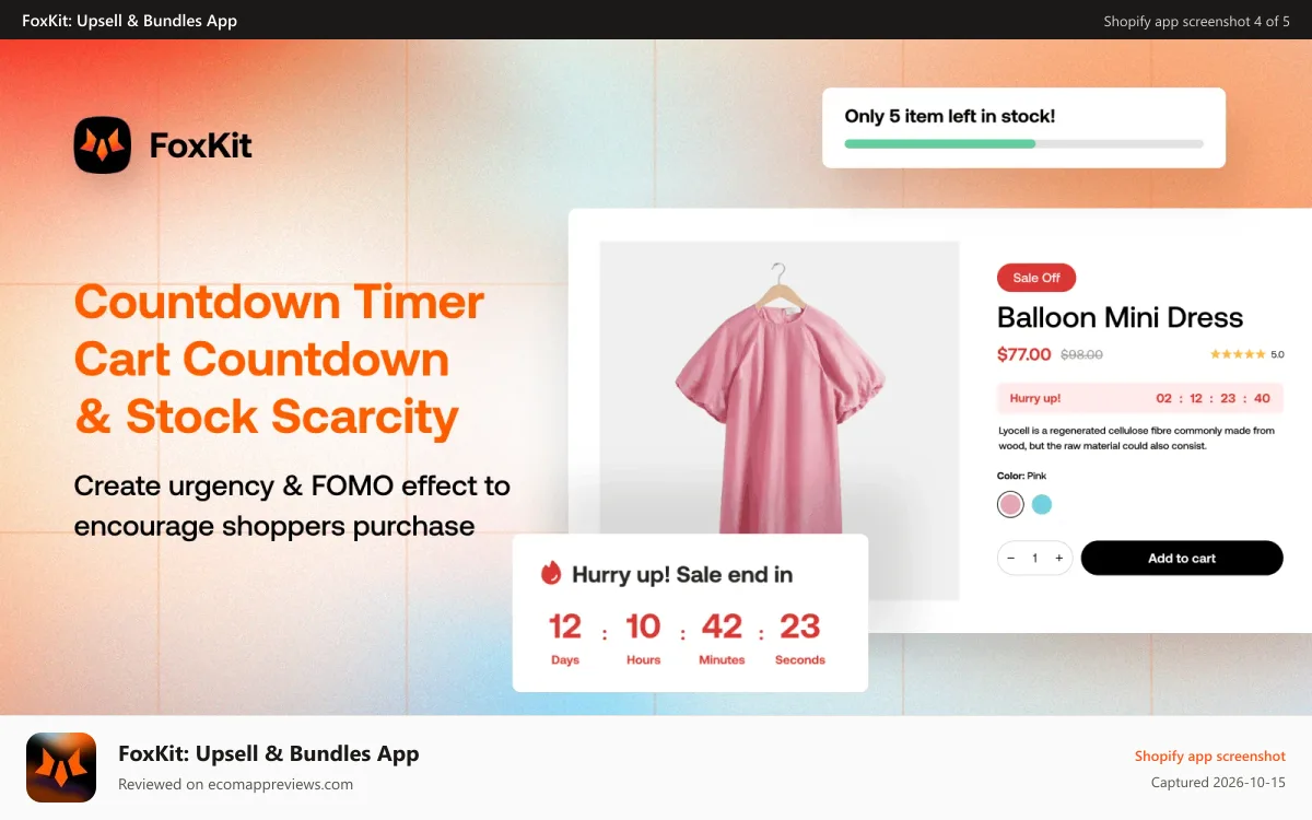 FoxKit: Upsell & Bundles App Shopify app screenshot: Upsell cross sell - countdown timer, stock scarcity