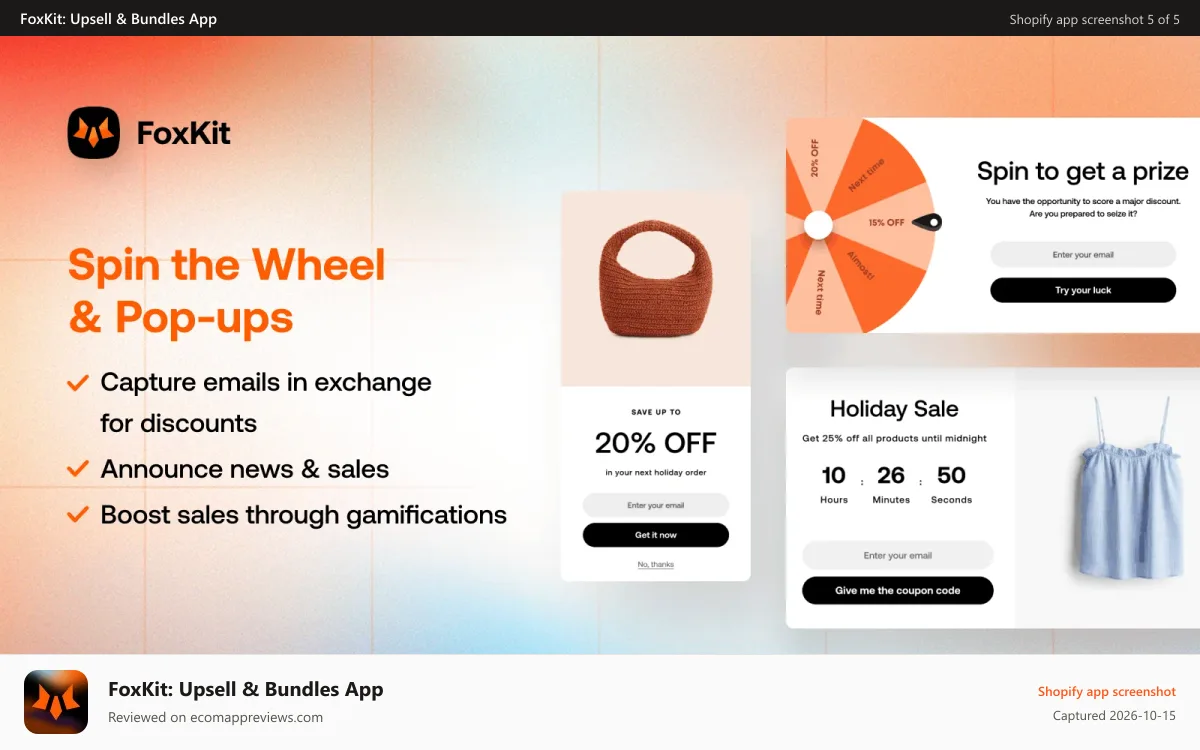 FoxKit: Upsell & Bundles App Shopify app screenshot: Increase sales - sales notifications, lucky wheels, pop-up