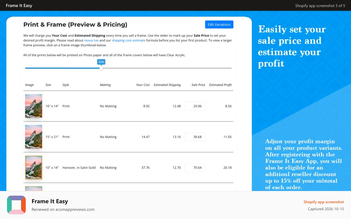 Frame It Easy Shopify app screenshot: Set markup price