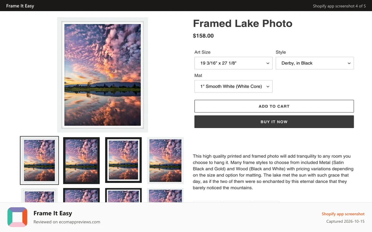 Frame It Easy Shopify app screenshot: Easy to add product to your storefront