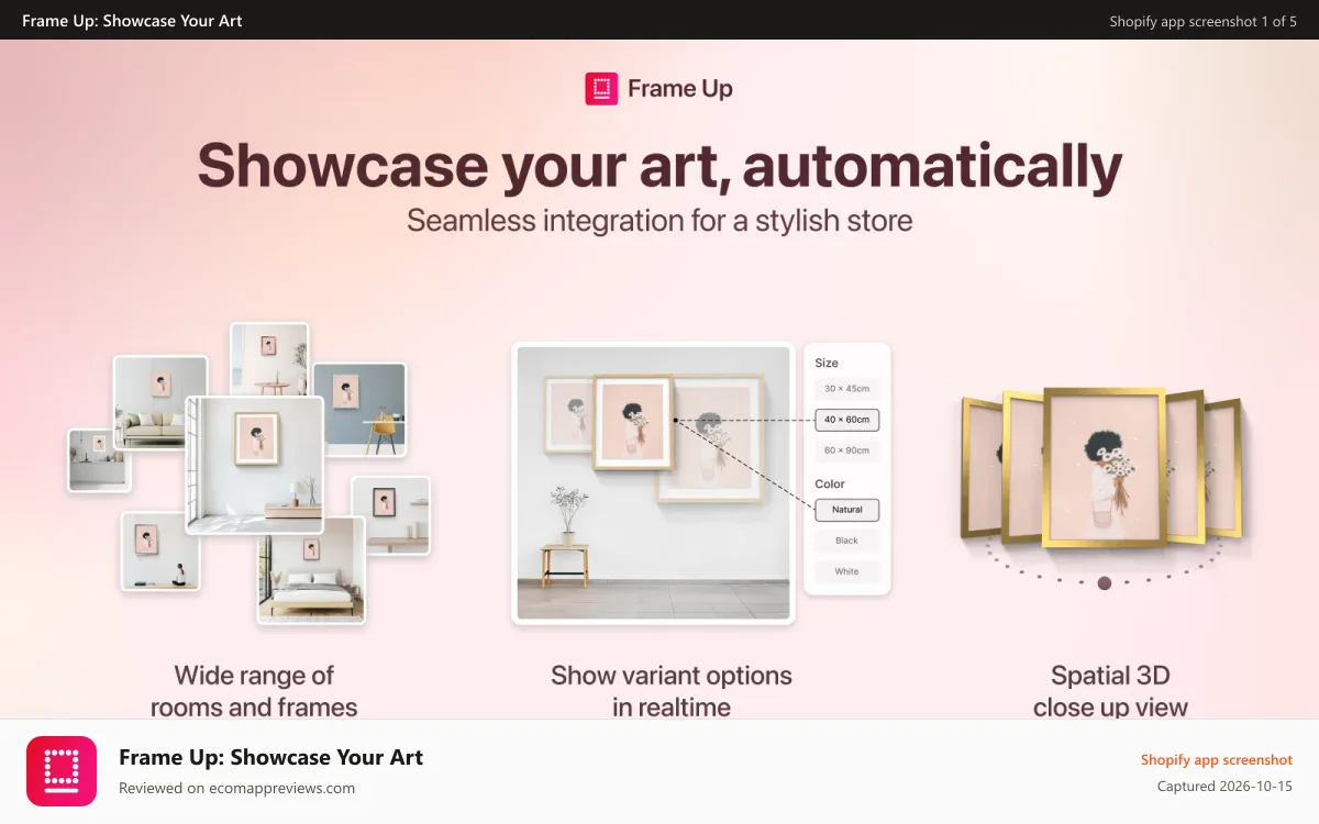 Frame Up: Showcase Your Art Shopify app screenshot: Showcase your art, automatically