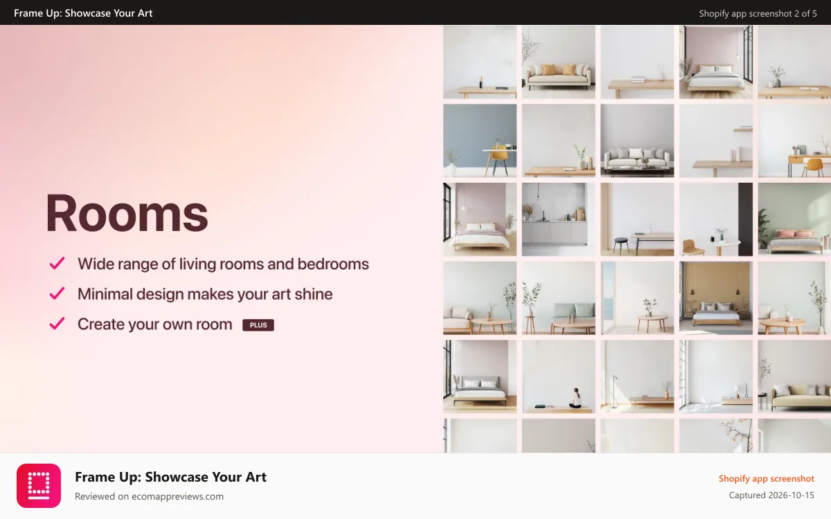 Frame Up: Showcase Your Art Shopify app screenshot: Wide range of living rooms and bedrooms
