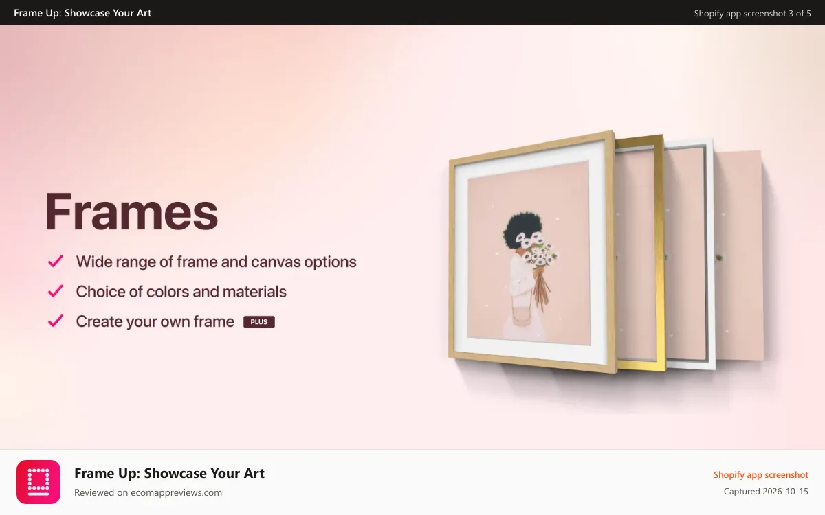 Frame Up: Showcase Your Art Shopify app screenshot: Wide range of frame and canvas options