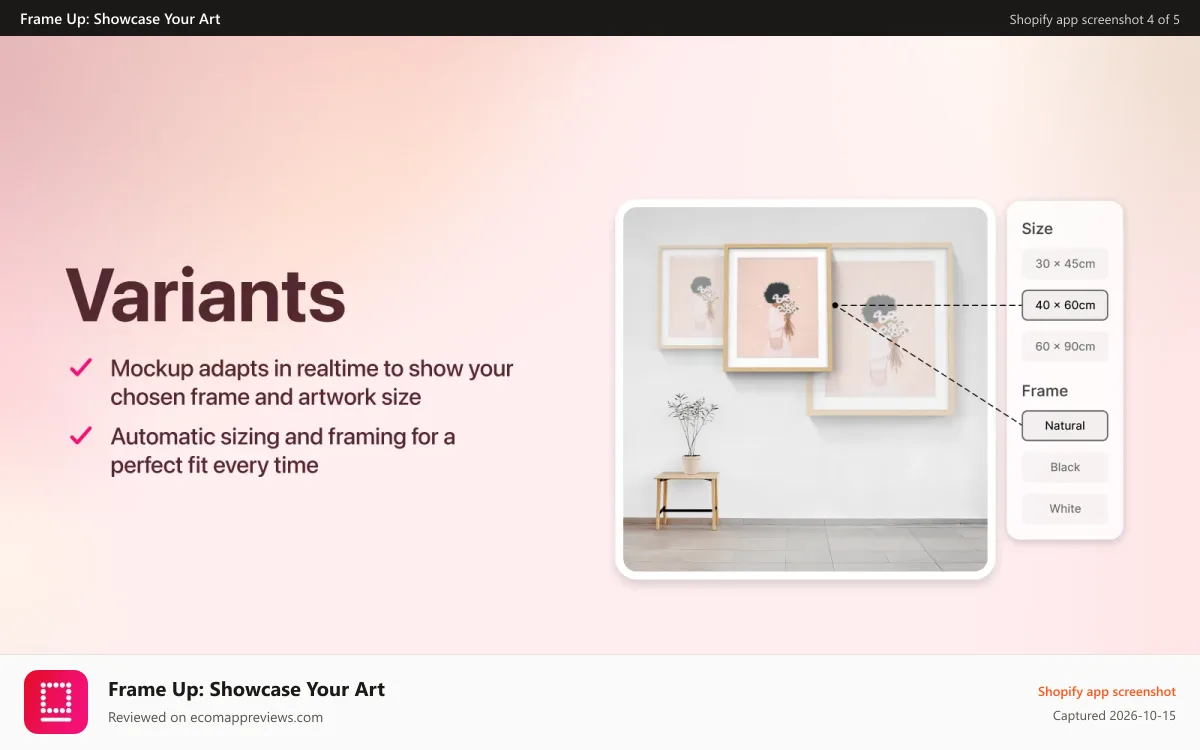 Frame Up: Showcase Your Art Shopify app screenshot: Mockup reacts instantly as customer selects product options