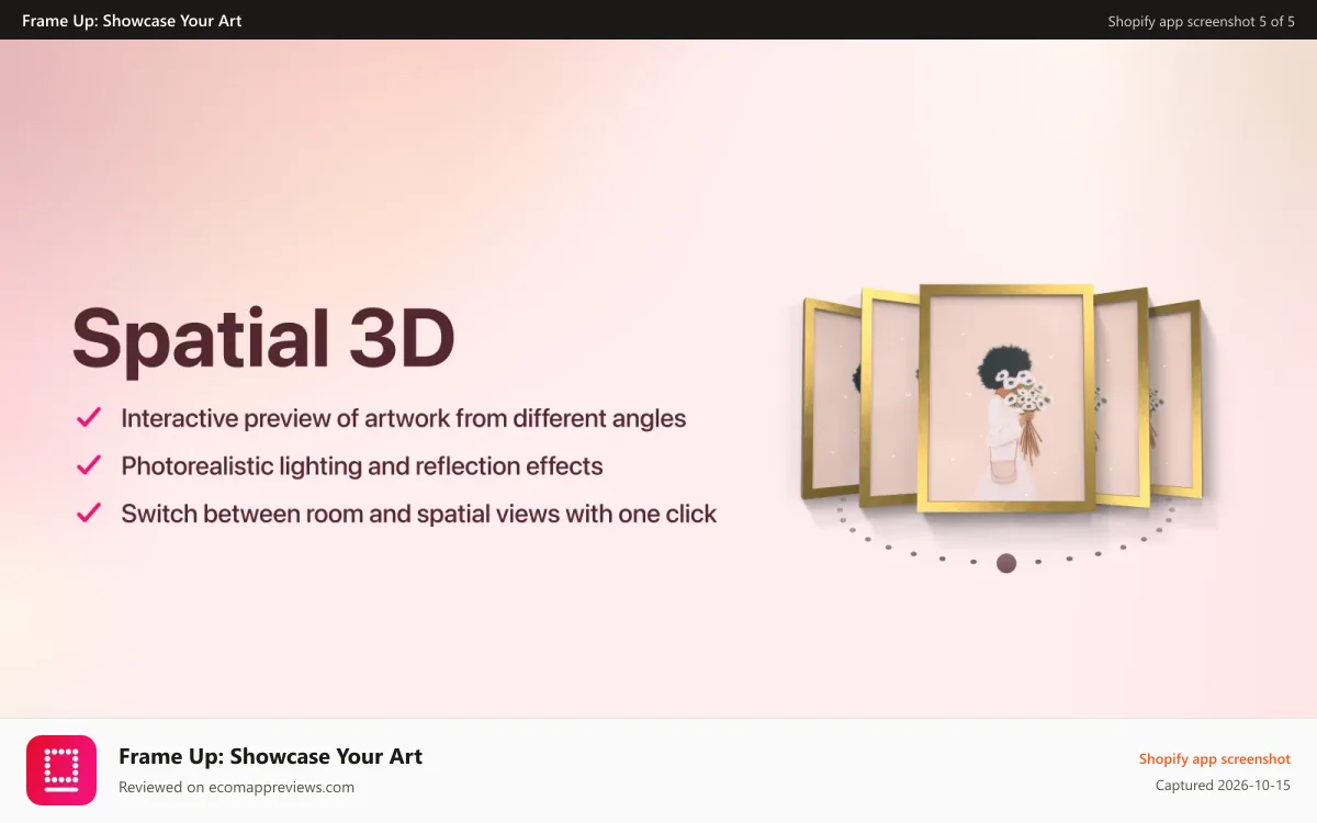 Frame Up: Showcase Your Art Shopify app screenshot: Interactive preview of artwork from different angles