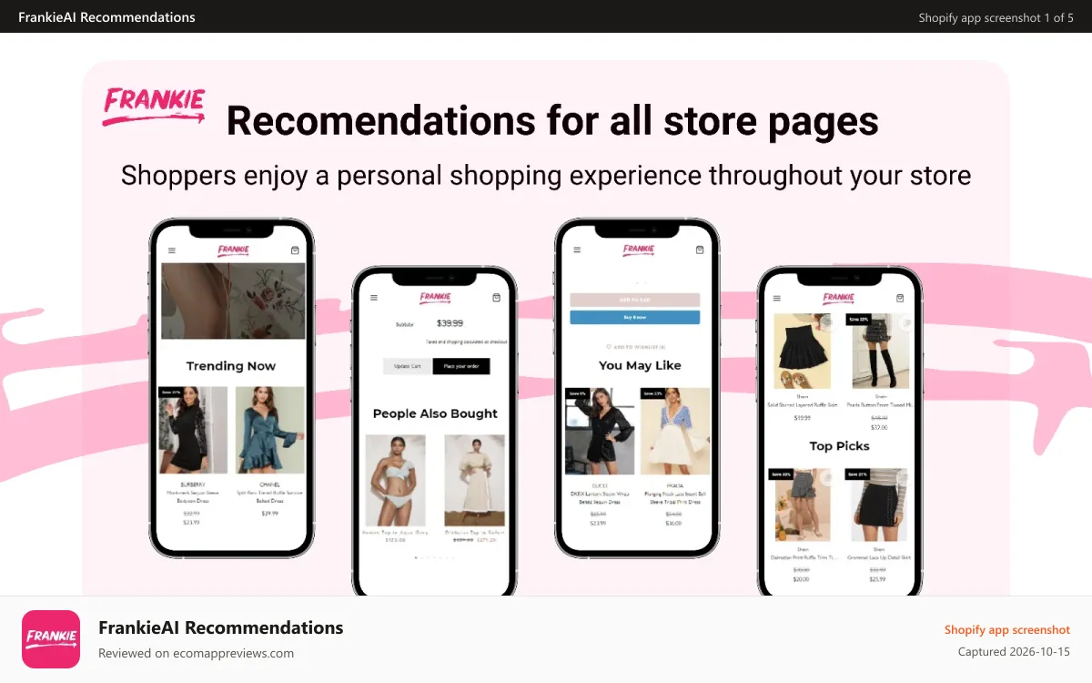 FrankieAI Recommendations Shopify app screenshot: Amazon like Personalized Recommendations on every store page