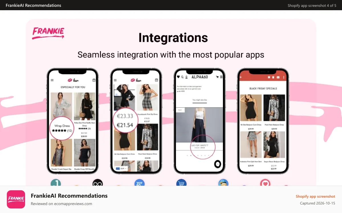 FrankieAI Recommendations Shopify app screenshot: Judge.me, Yotpo, Loox, Stamped.io, Klaviyo, Okendo integration