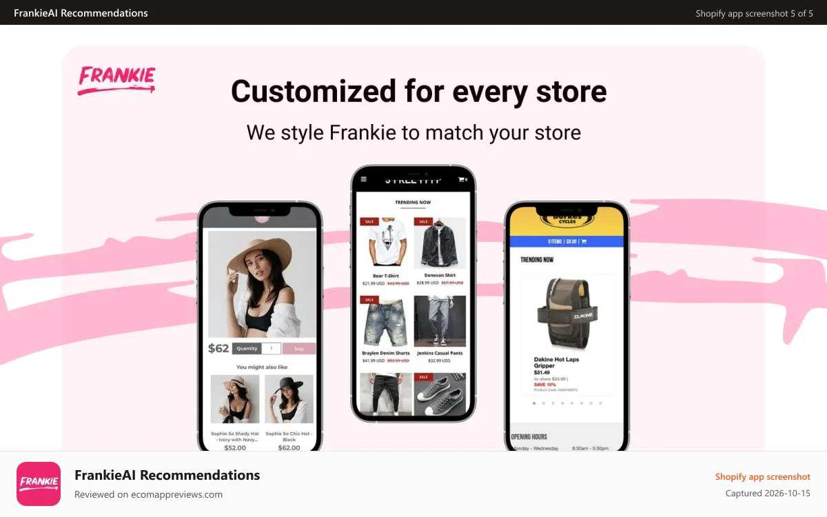FrankieAI Recommendations Shopify app screenshot: Personalized AI Recommendations customized to your store