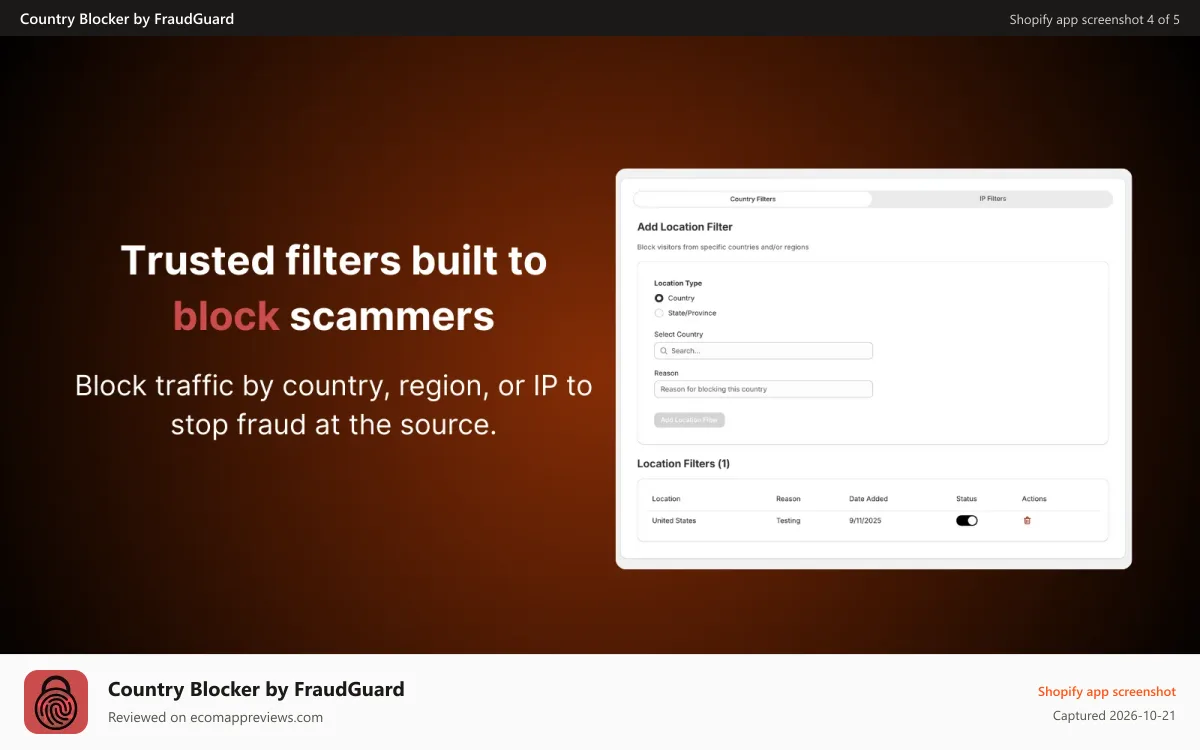 Country Blocker by FraudGuard Shopify app screenshot: Fraud Filter, Country Blocker, IP Blocker: Block & Redirect