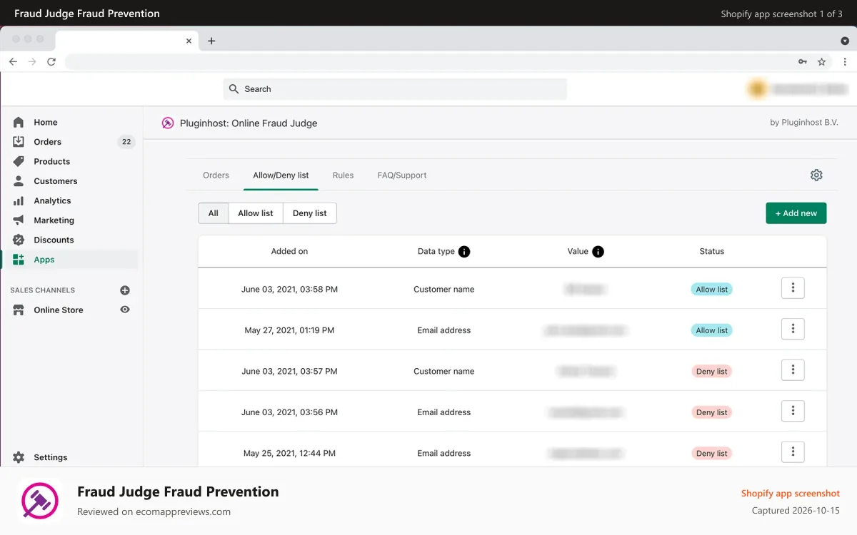 Fraud Judge Fraud Prevention Shopify app screenshot: Manage and stop fraudulent orders. Reduce chargeback risk