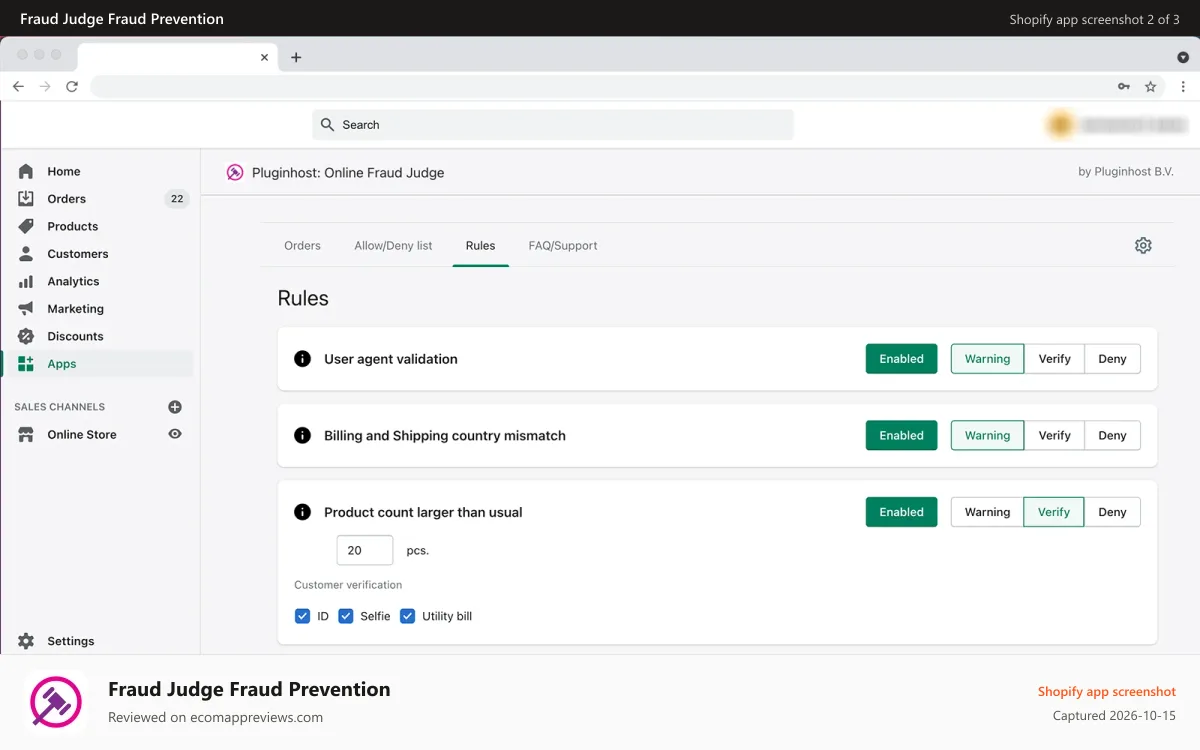 Fraud Judge Fraud Prevention Shopify app screenshot: Set up automated actions for fraud prevention