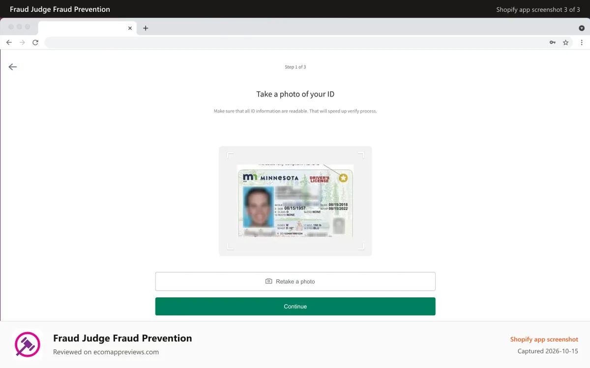 Fraud Judge Fraud Prevention Shopify app screenshot: Ask for buyer Identity or Address verification. Block ZIP codes.