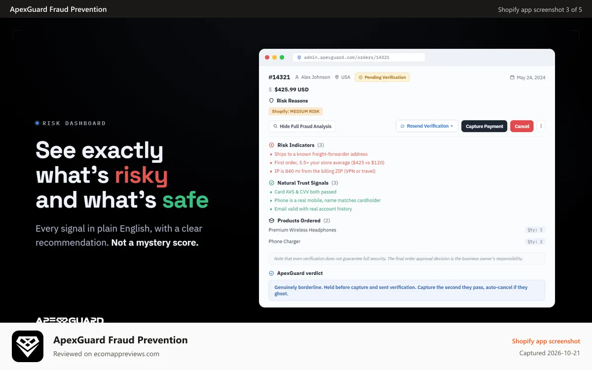 ApexGuard Fraud Prevention Shopify app screenshot: Shopify order and customer verification, smart email verfication