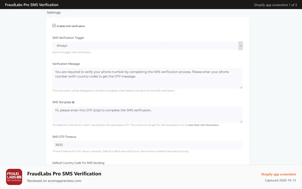FraudLabs Pro SMS Verification Shopify app screenshot: FraudLabs Pro SMS Verificaction App Settings