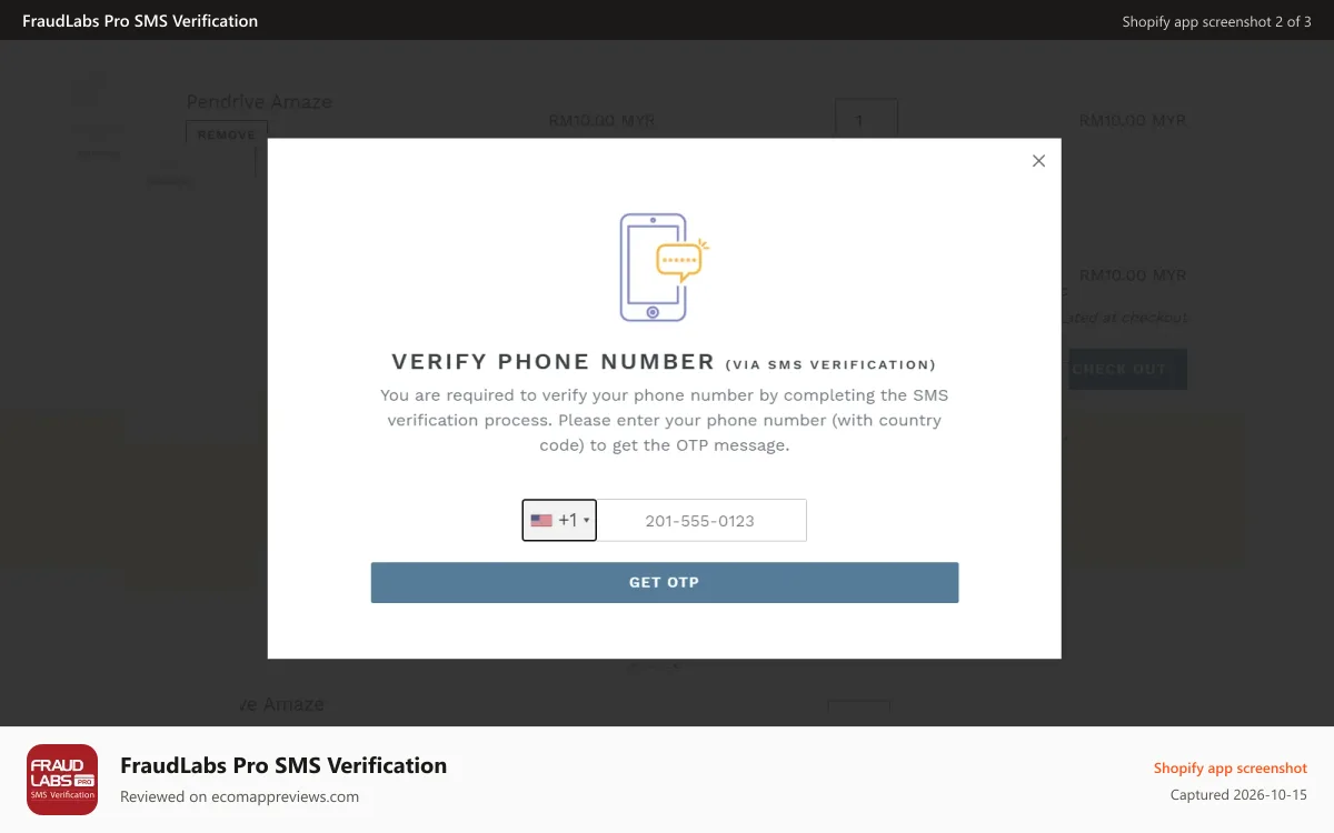 FraudLabs Pro SMS Verification Shopify app screenshot: FraudLabs Pro SMS Verificaction App example