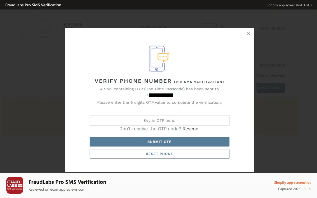 FraudLabs Pro SMS Verification Shopify app screenshot: FraudLabs Pro SMS Verificaction App example