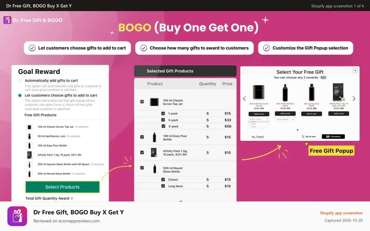 Dr Free Gift, BOGO Buy X Get Y Shopify app screenshot: Automatic Free Gifts In Cart! Automatic freebies