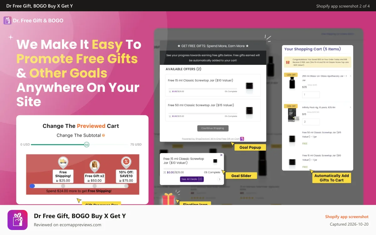 Dr Free Gift, BOGO Buy X Get Y Shopify app screenshot: Cart Upsell Goal Progress Bar - Fully Customizable to Match Cart