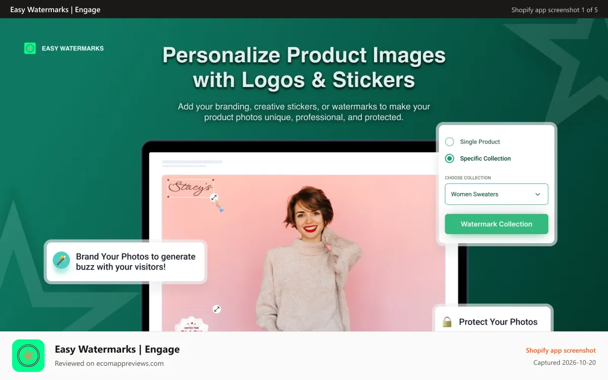 Easy Watermarks | Engage Shopify app screenshot: Add logo and stickers to your product photos