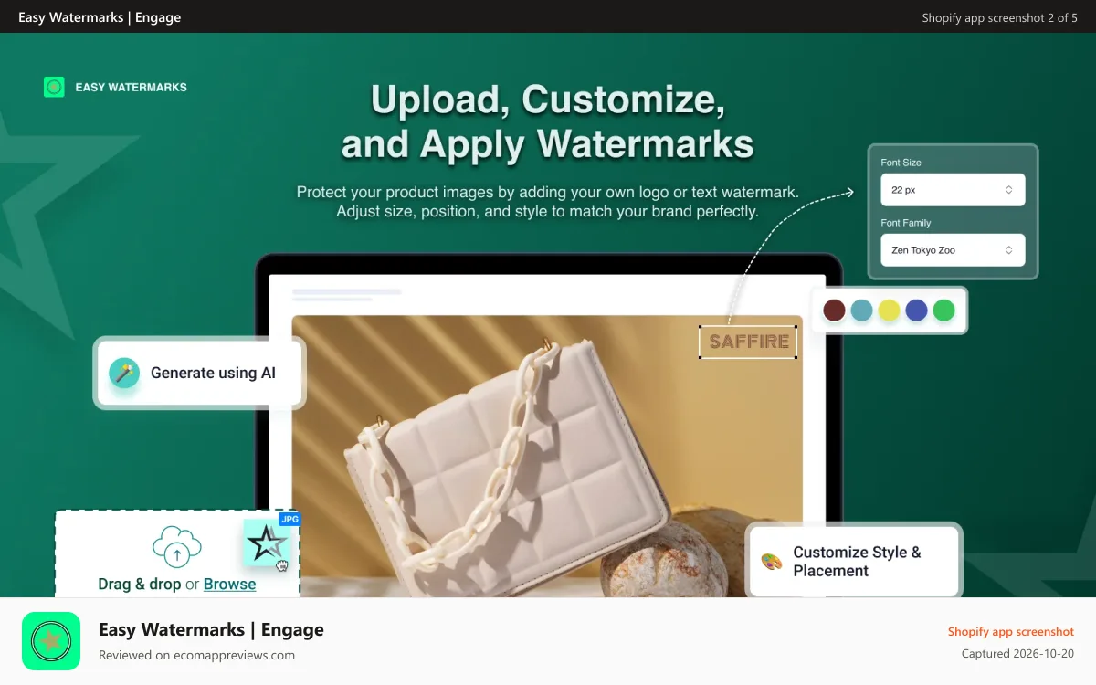 Easy Watermarks | Engage Shopify app screenshot: Upload, customize and apply your watermarks