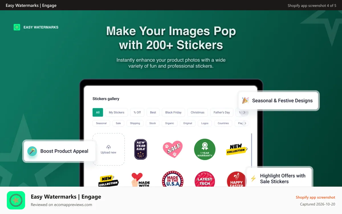 Easy Watermarks | Engage Shopify app screenshot: Make Your Images Pop with 200+ Stickers