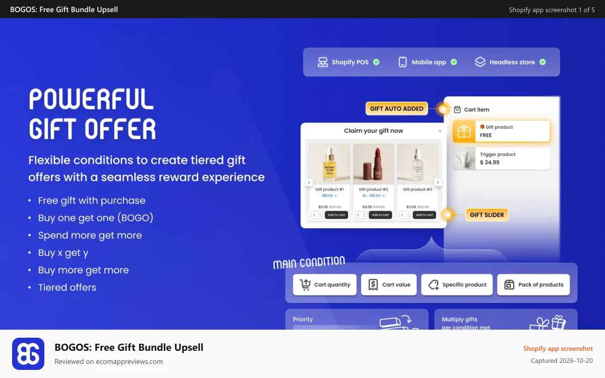 BOGOS: Free Gift Bundle Upsell Shopify app screenshot: Powerful Gift with Purchase Offer with 6 Main Conditions