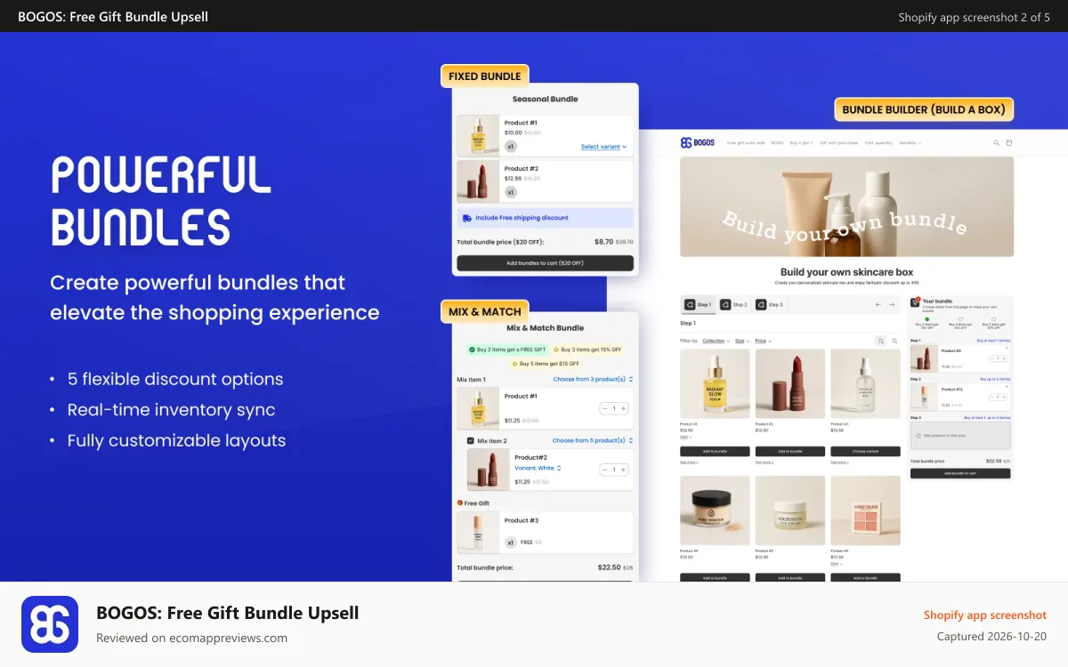 BOGOS: Free Gift Bundle Upsell Shopify app screenshot: Create Classic Bundle, Mix and Match & Bundle Builder
