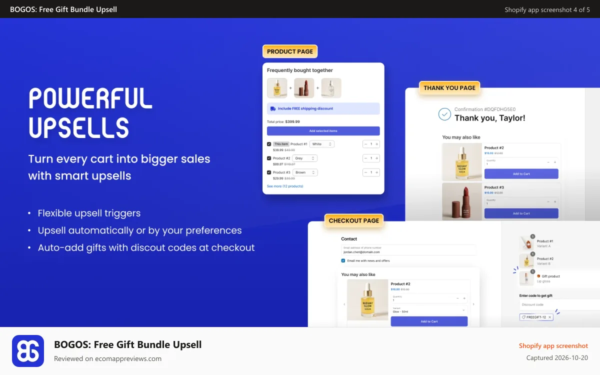 BOGOS: Free Gift Bundle Upsell Shopify app screenshot: BOGOS Checkout Upsell Frequently Bought Together Thank You Page