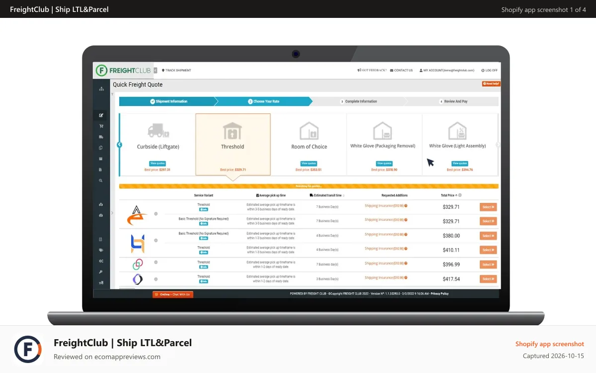 FreightClub | Ship LTL&Parcel Shopify app screenshot: Quoting & Booking