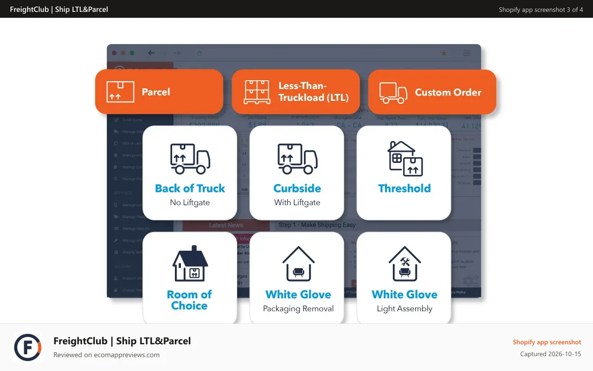FreightClub | Ship LTL&Parcel Shopify app screenshot: Back of Truck, Curbside, Threshold, Room of choice, White Glove