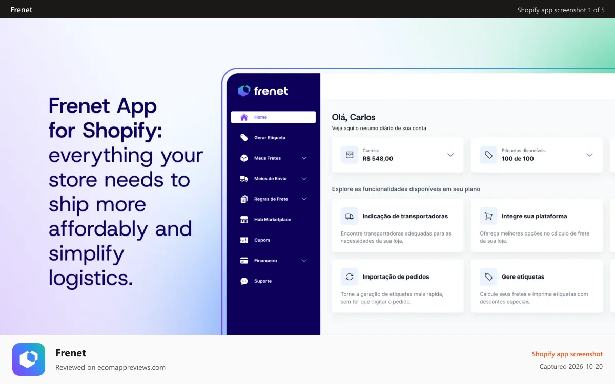 Frenet Shopify app screenshot: Smart, simple and affordable shipping for your business