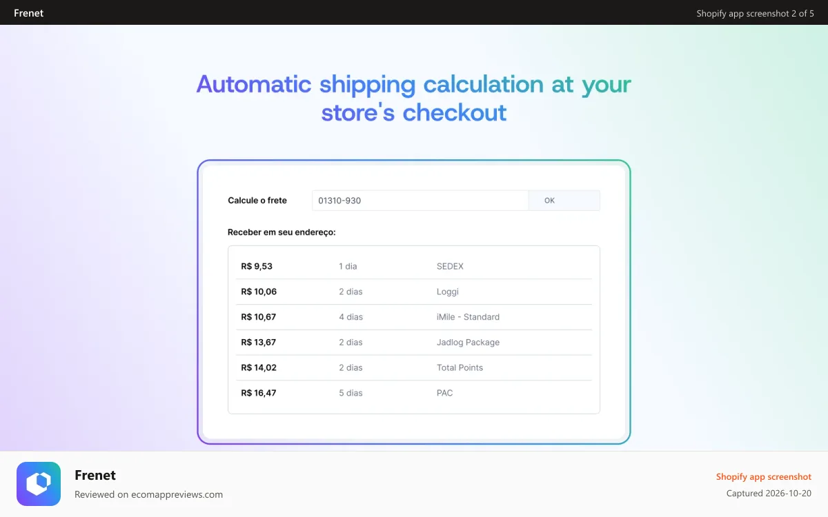 Frenet Shopify app screenshot: Automated shipping calculation at your store's checkout