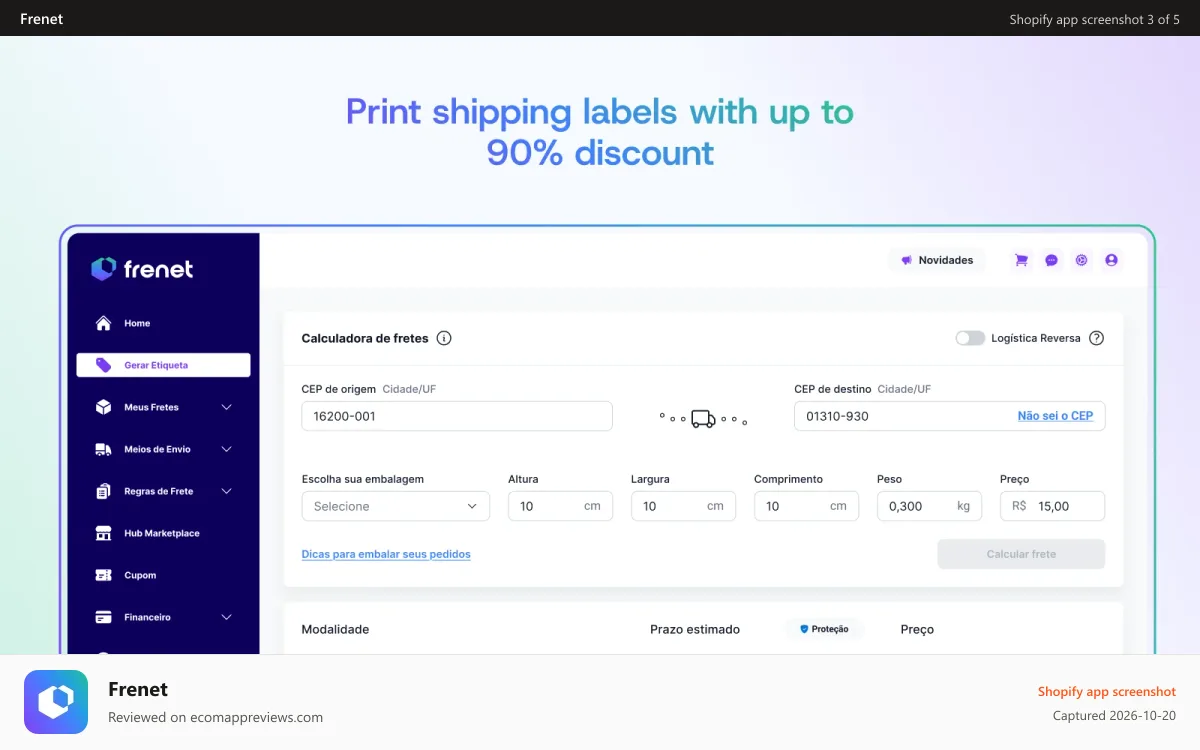 Frenet Shopify app screenshot: Print shipping labels with discounts of up to 90%