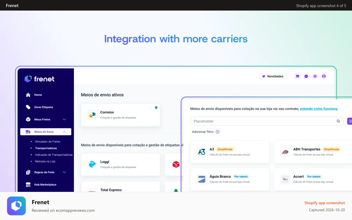Frenet Shopify app screenshot: Integrate multiple carriers and expand your store's options