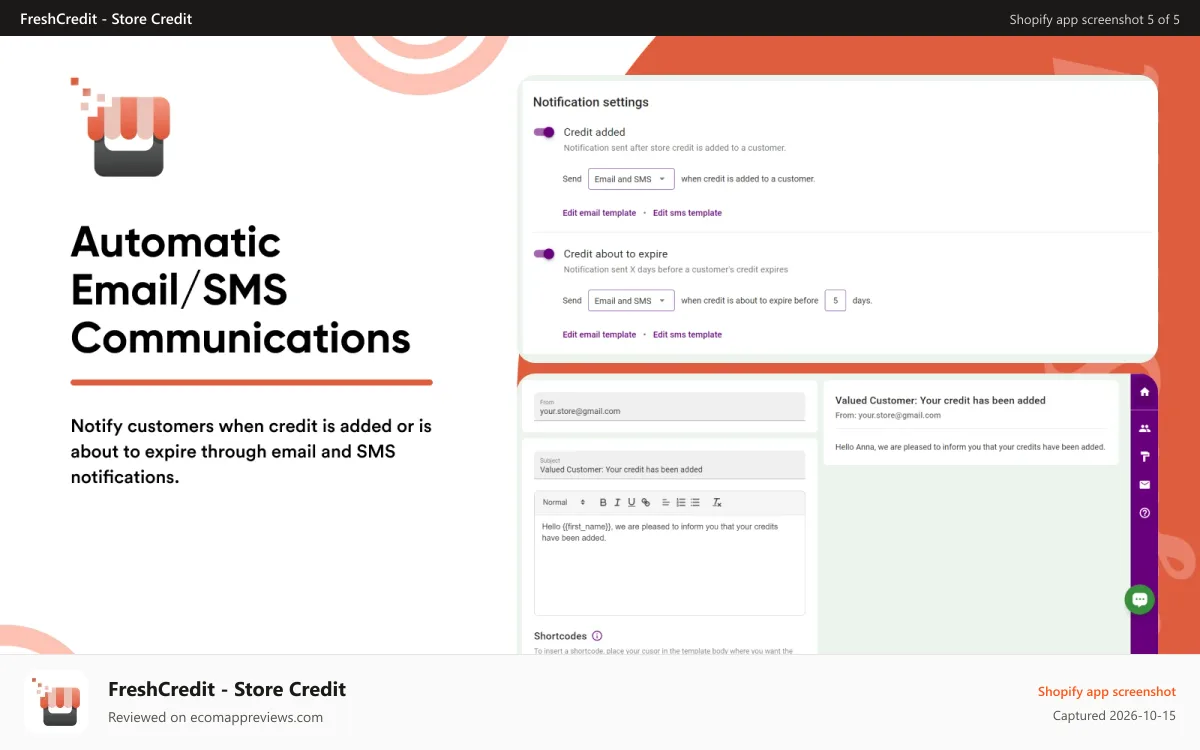 FreshCredit ‑ Store Credit Shopify app screenshot: Automatic Email / SMS Communications