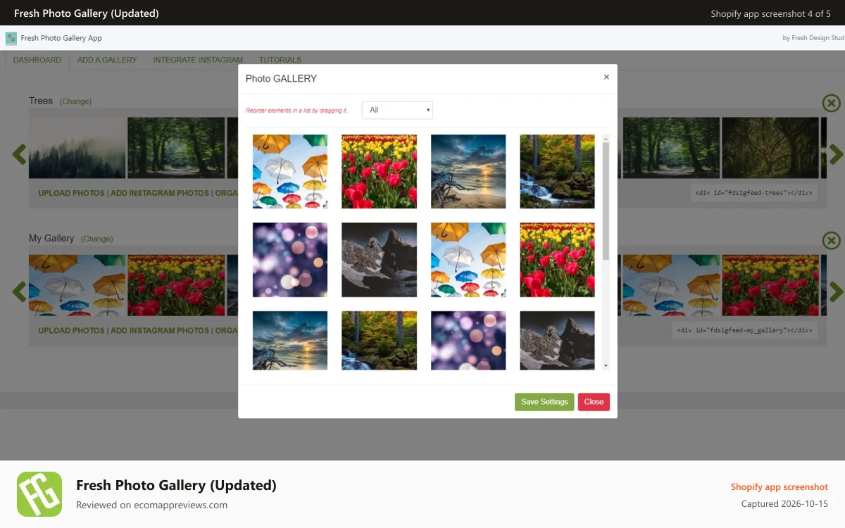 Fresh Photo Gallery (Updated) Shopify app screenshot: Organize your photo