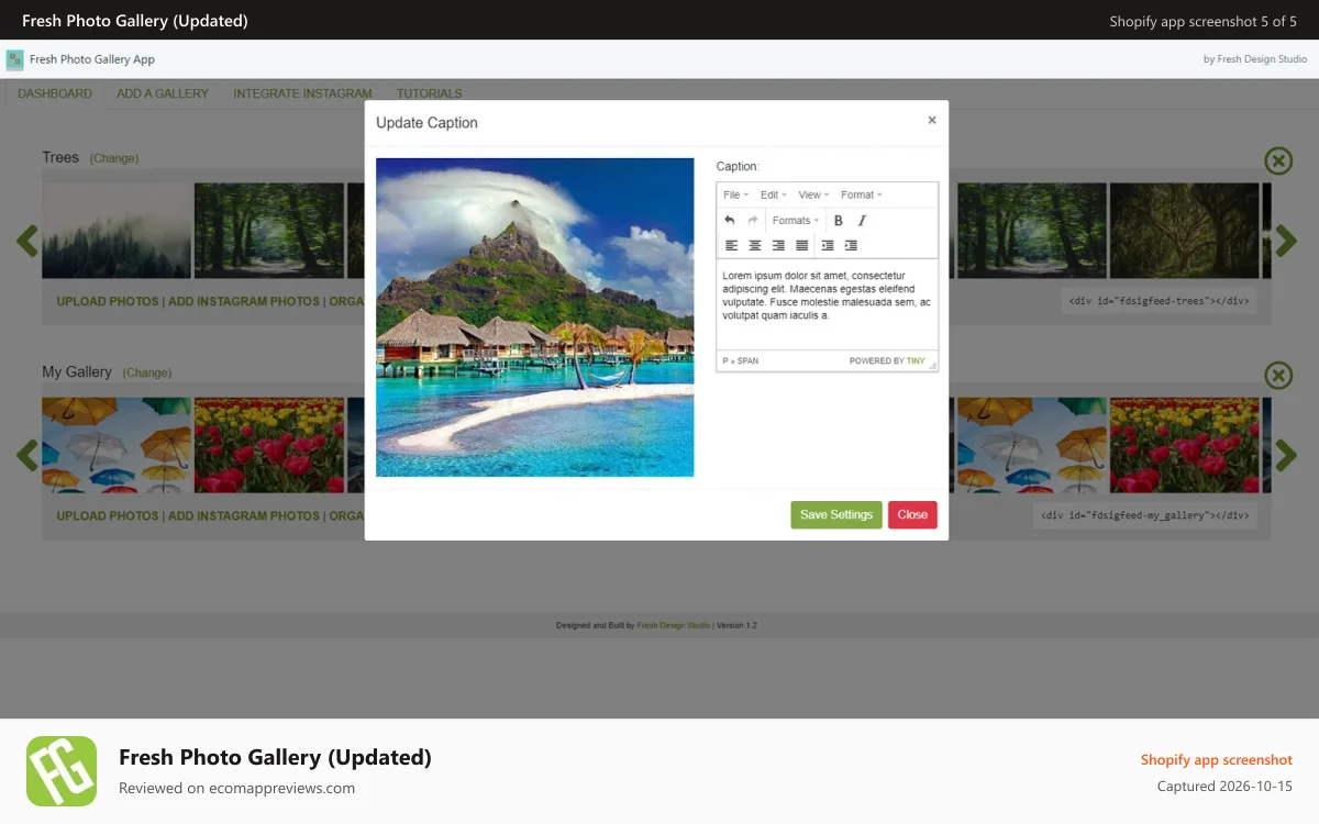 Fresh Photo Gallery (Updated) Shopify app screenshot: Add captions
