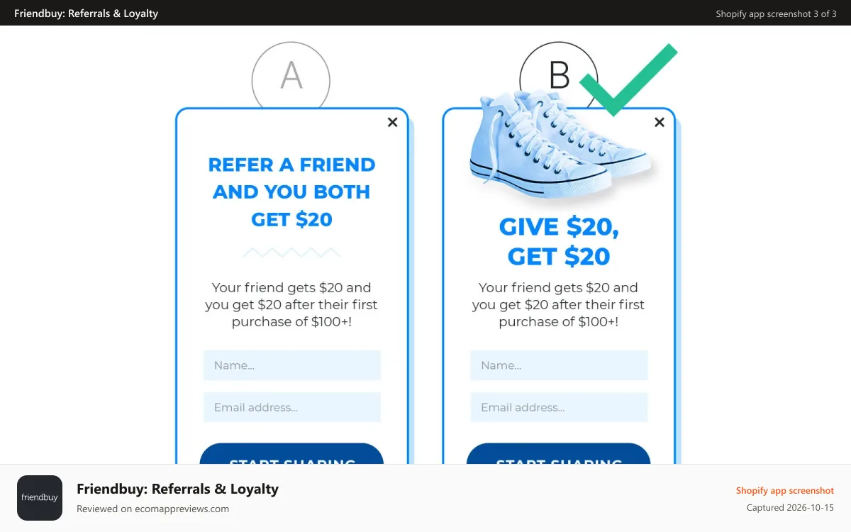 Friendbuy: Referrals & Loyalty Shopify app screenshot: A/B Testing & Optimization