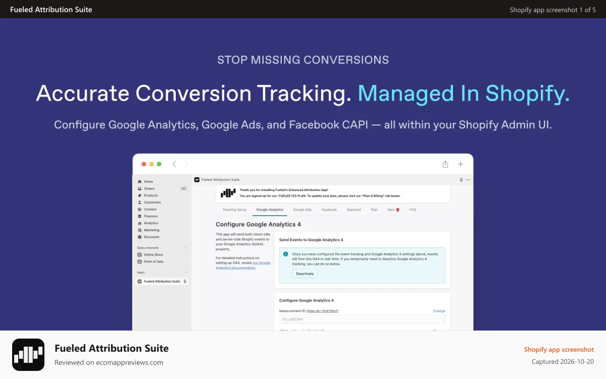 Fueled Attribution Suite Shopify app screenshot: Accurate Conversion Tracking. Managed in Shopify's Admin UI.