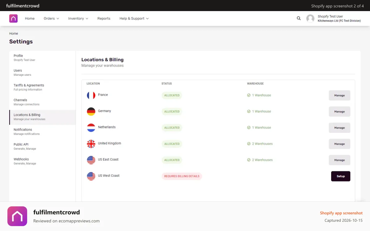 fulfilmentcrowd Shopify app screenshot: Configuring Locations