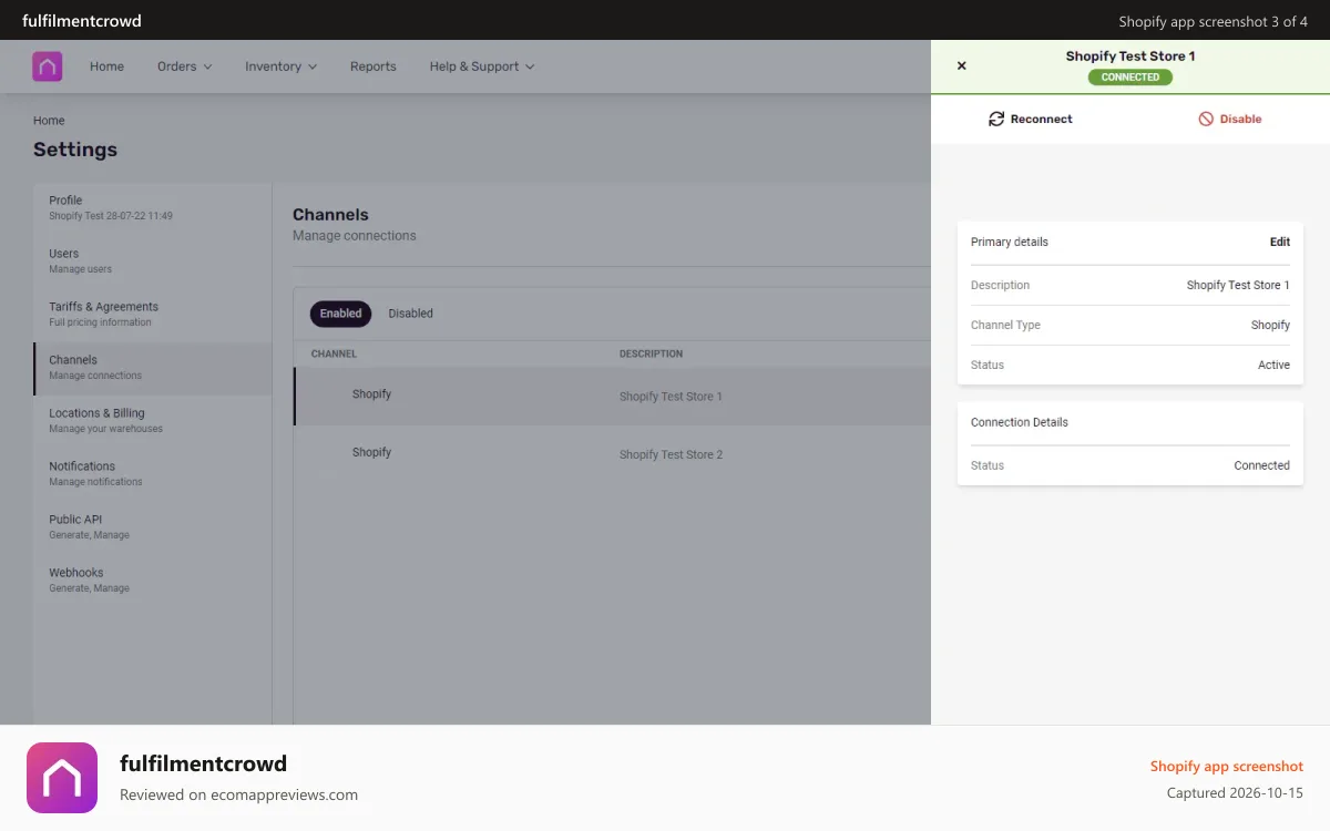 fulfilmentcrowd Shopify app screenshot: Connecting Channels