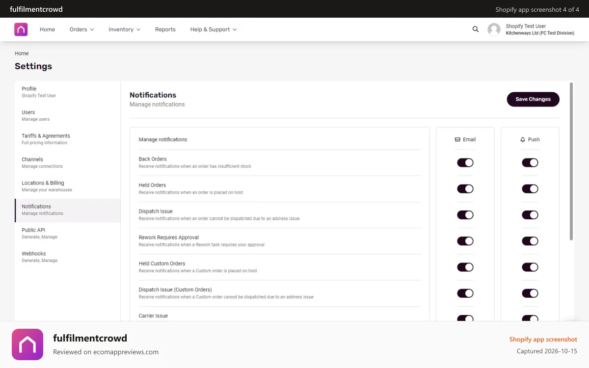 fulfilmentcrowd Shopify app screenshot: Configuring Notifications