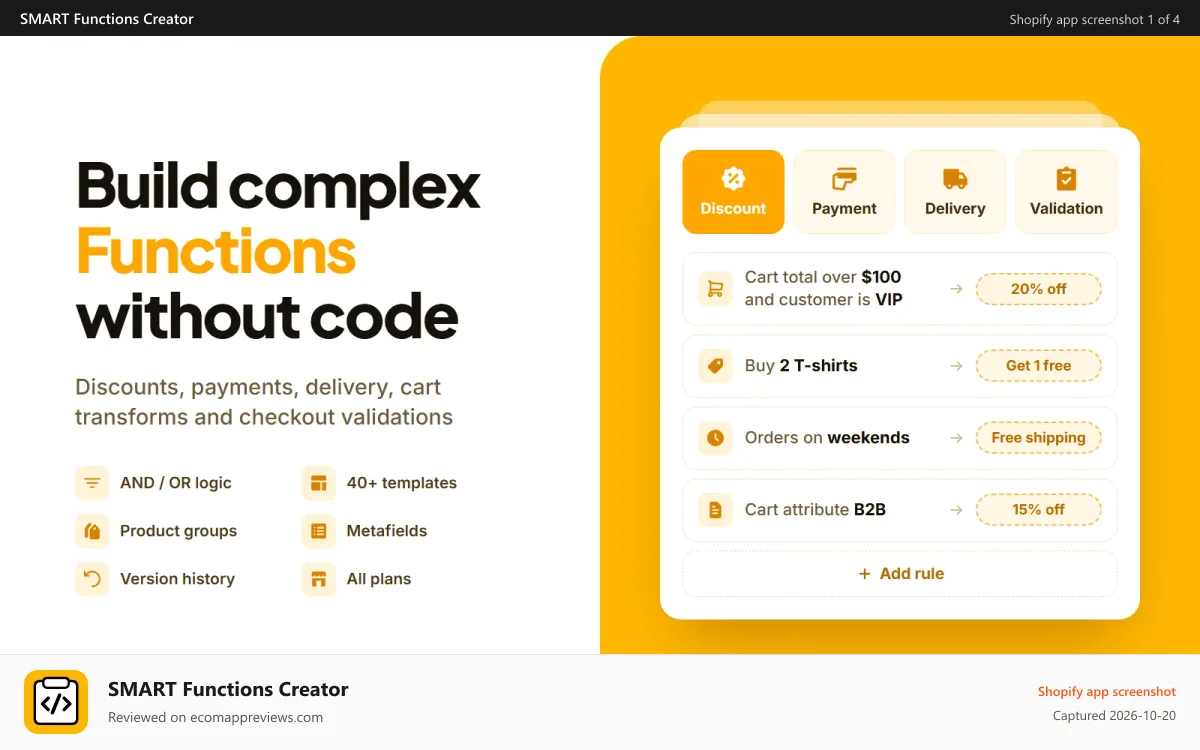 SMART Functions Creator Shopify app screenshot: Build advanced functions without any coding skills