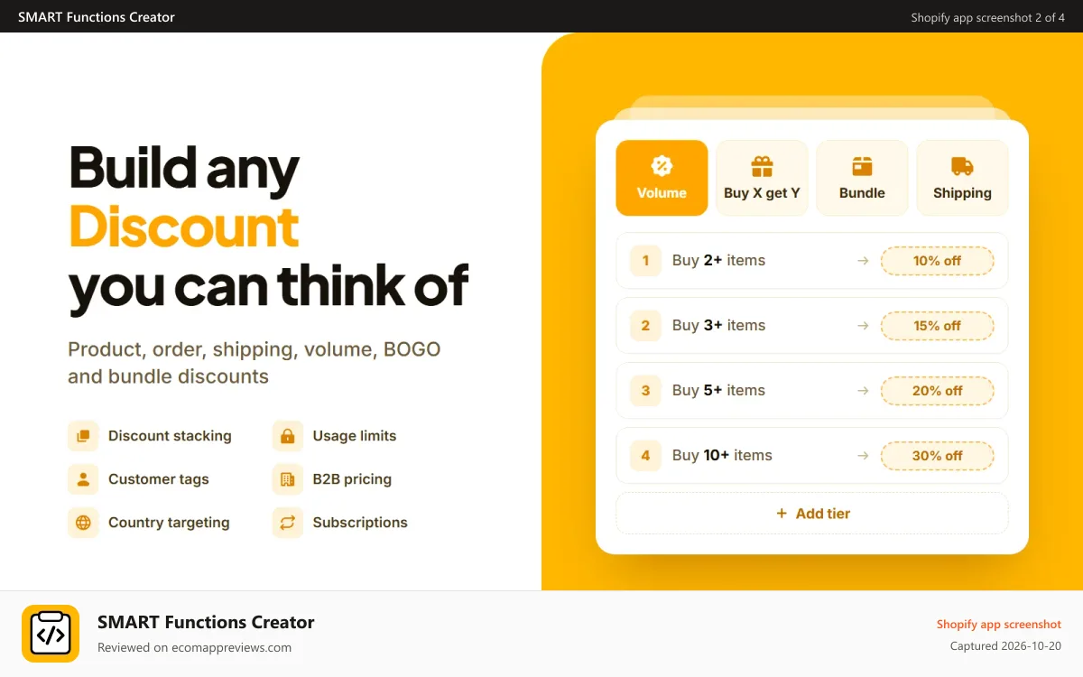 SMART Functions Creator Shopify app screenshot: Create Smart Discounts that boost sales easily